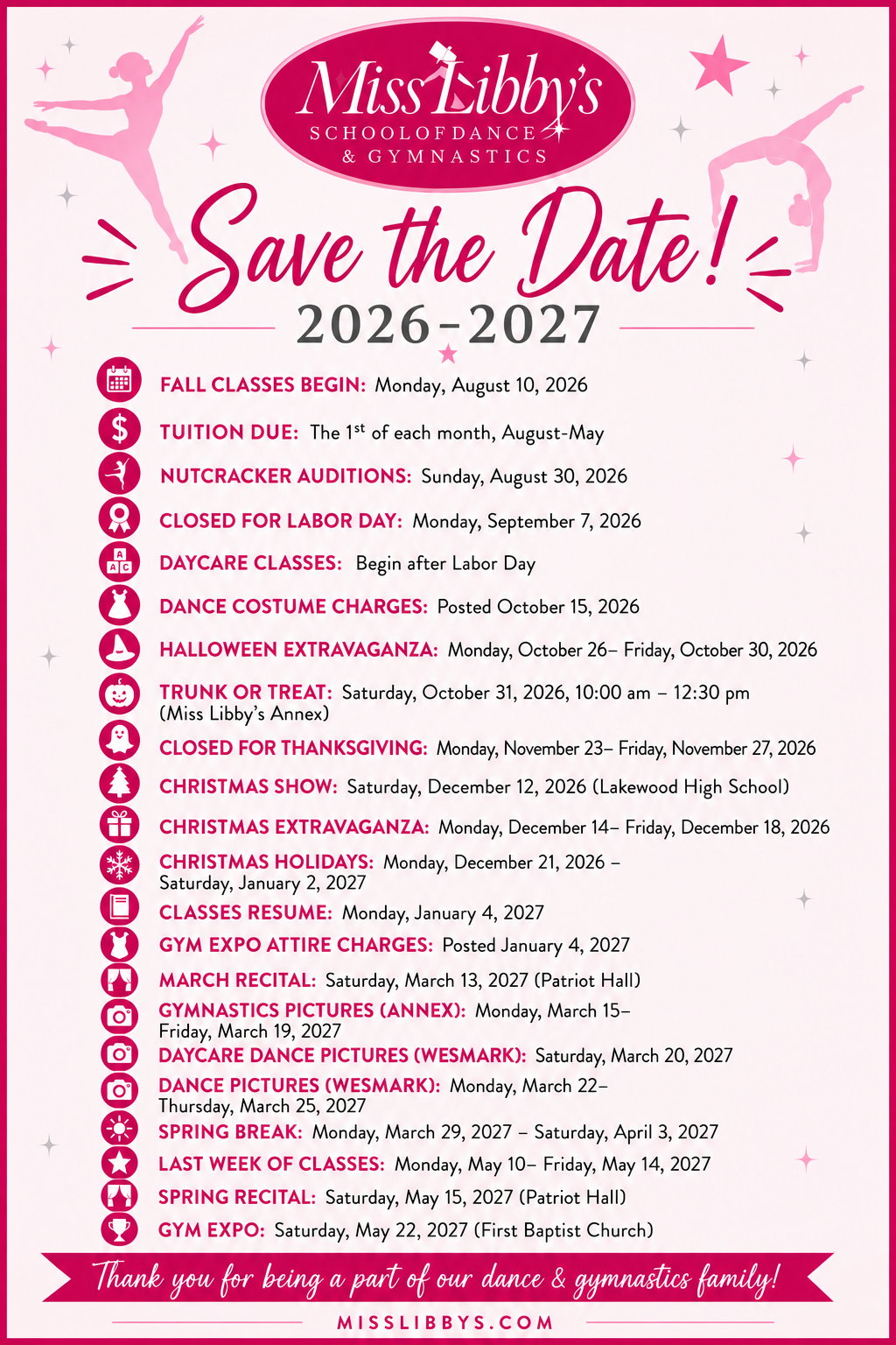 Miss Libby's Save the Date calendar of 2026–2027 events, including fall classes, Nutcracker auditions, recitals and Gym Expo