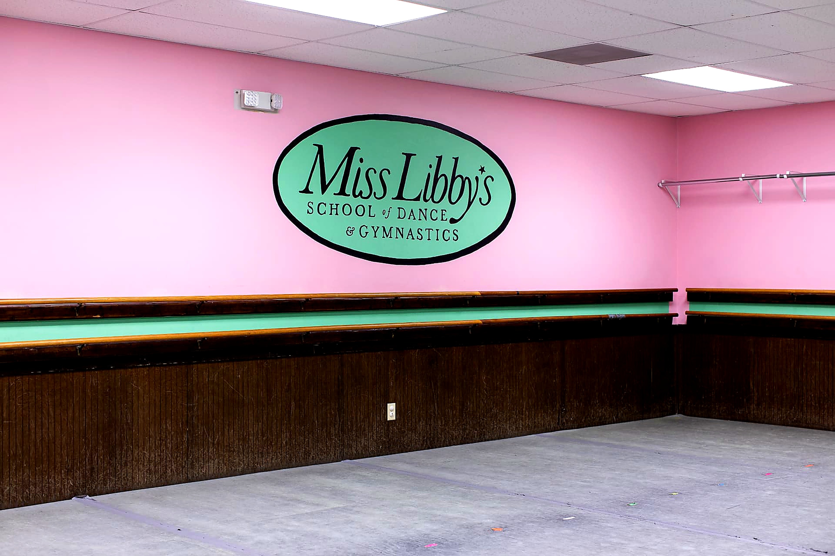 Pink studio wall with the Miss Libby's School of Dance & Gymnastics logo