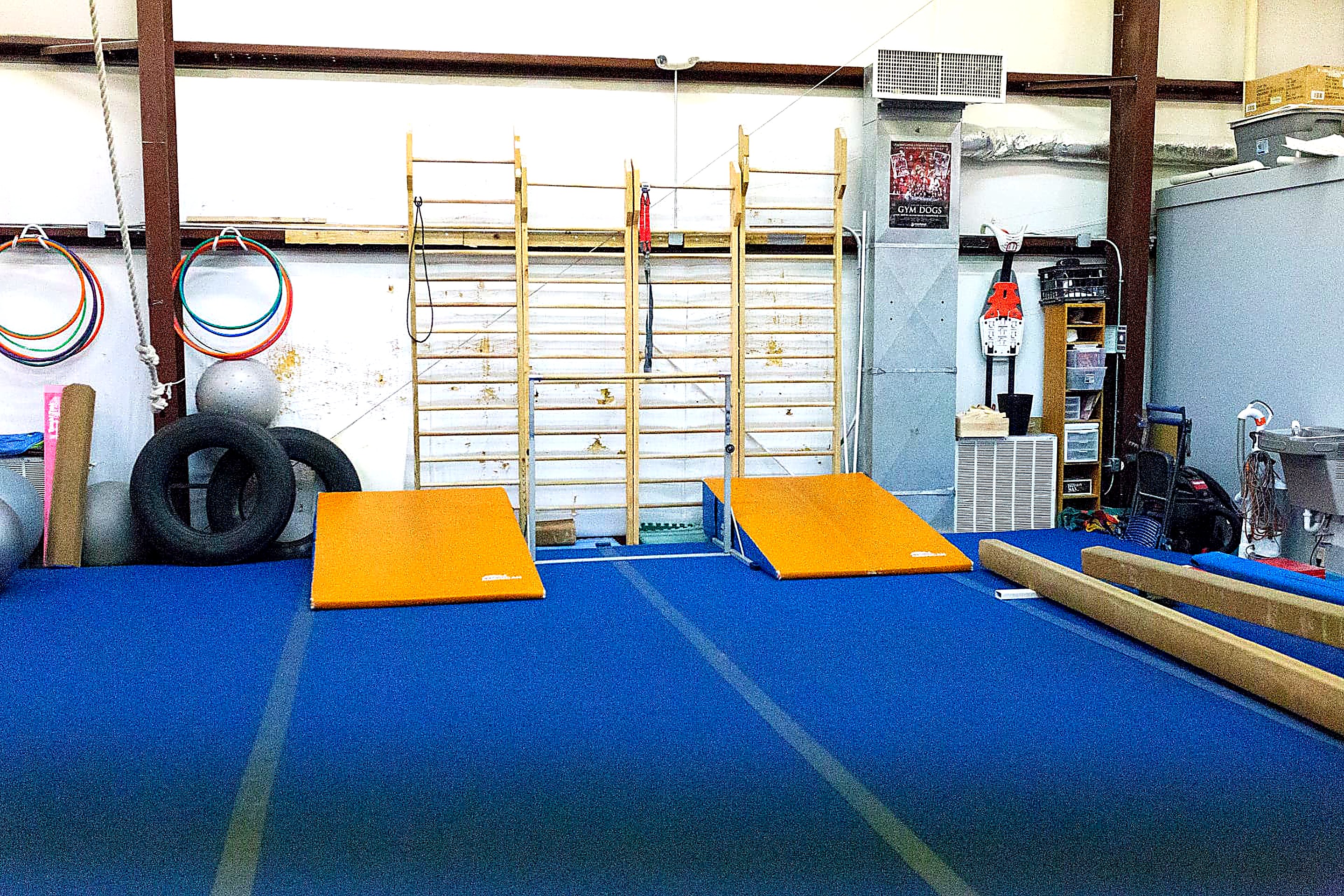Training area with stall bars, wedge mats and conditioning equipment
