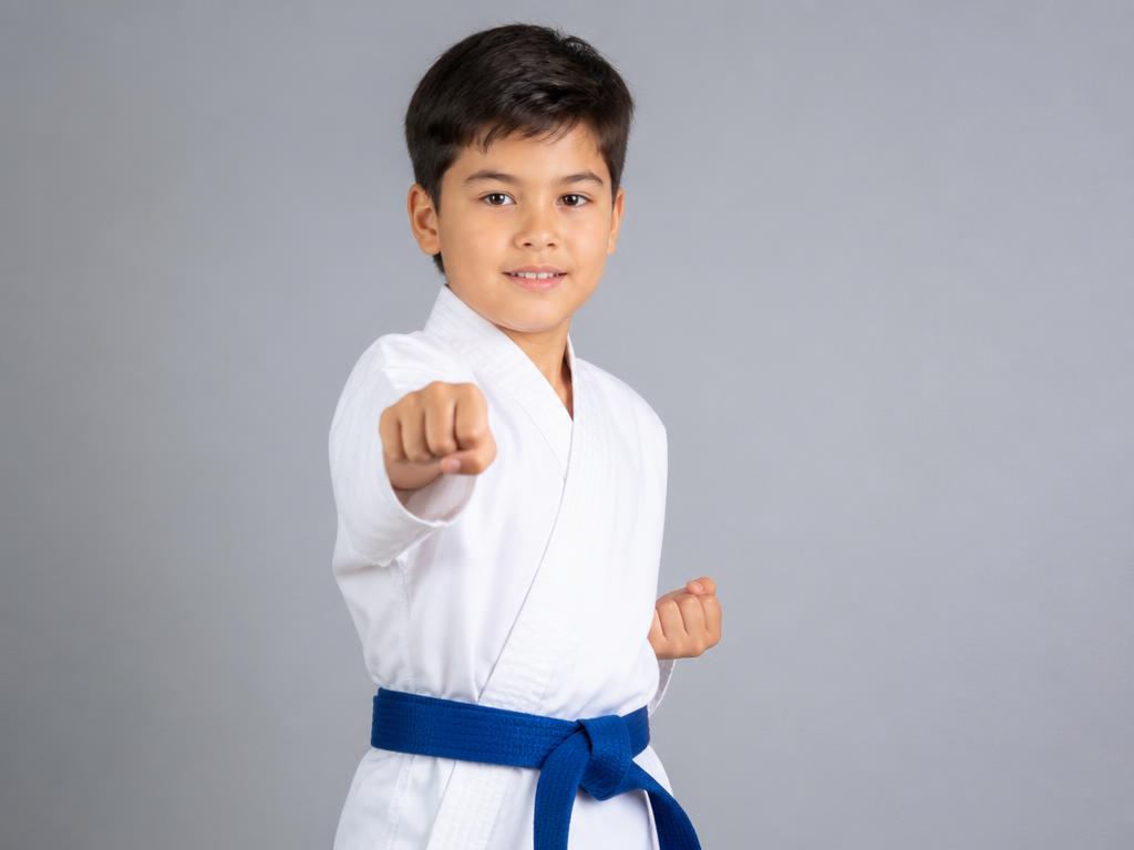 Child practicing karate in a dojo